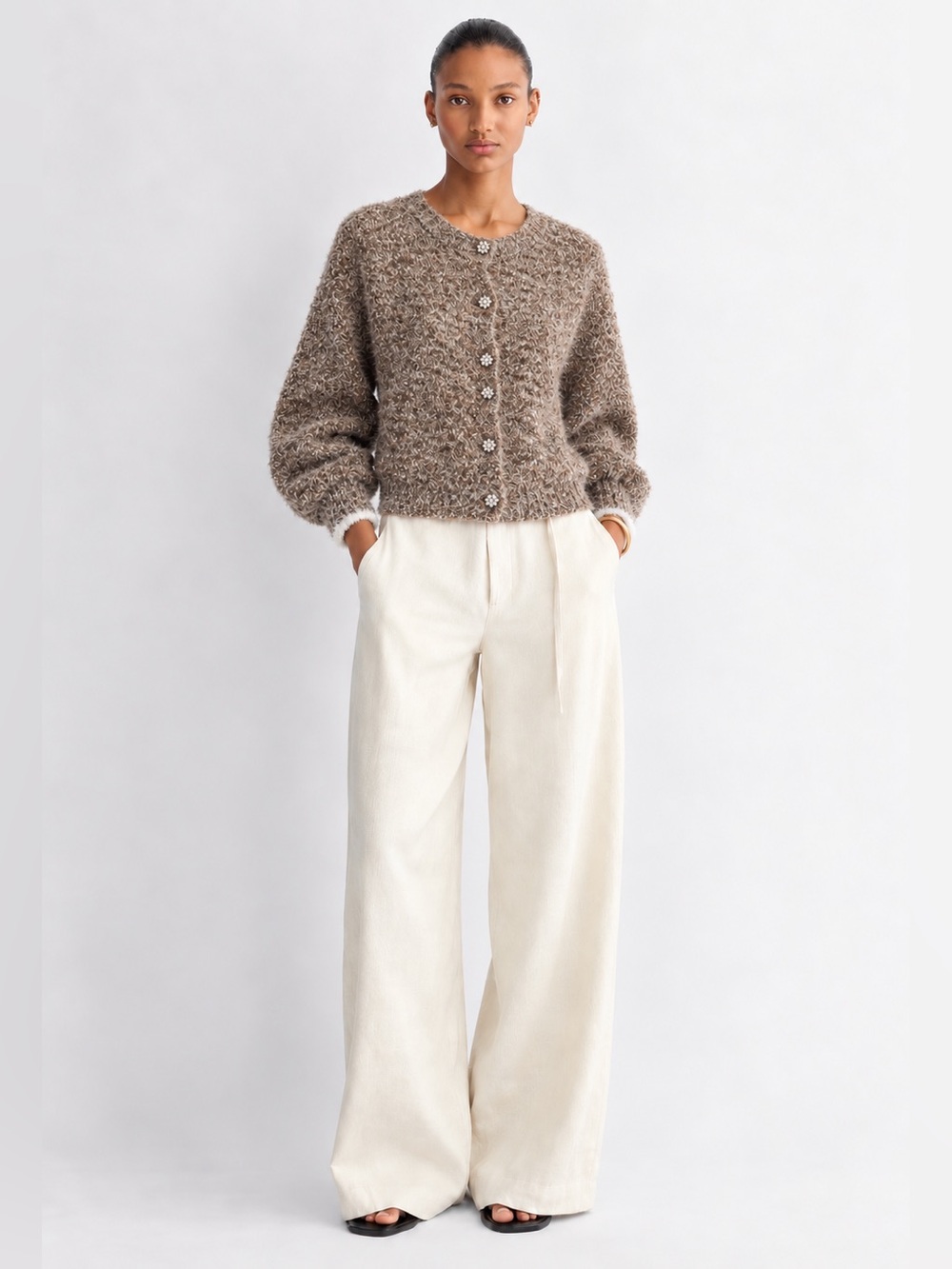 Scotch & Soda Cozy Brown Textured Button-Front Cardigan with rhinestone buttons